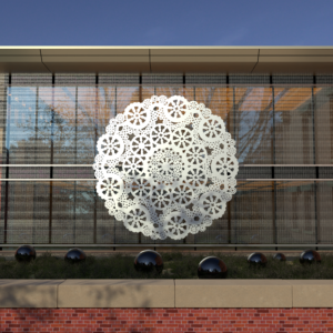 Rendering of Jennifer Cecere, Doily Installation, on the exterior of the Addison Gallery of American Art