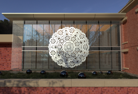 Rendering of Jennifer Cecere, Doily Installation, on the exterior of the Addison Gallery of American Art