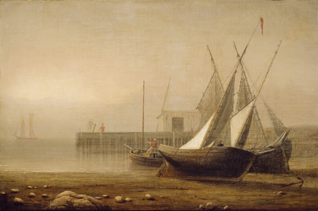 Fitz Henry Lane, Swampscott Beach, Mass. , mid 19th century, oil on canvas mounted on masonite, 12 x 18 inches, museum purchase, 1943.33